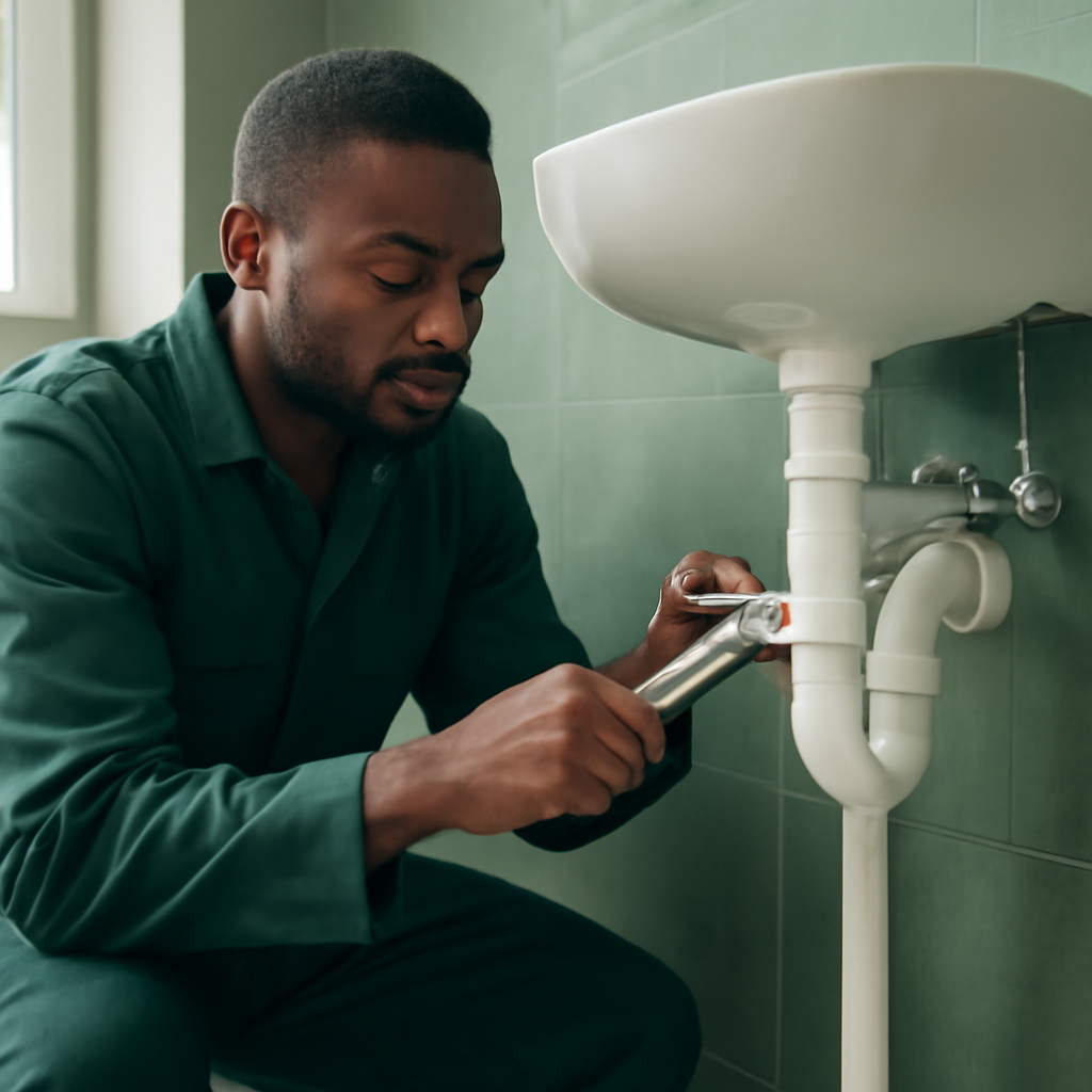 Black African plumber working on pipework for Thando Plumbing in uMhlanga